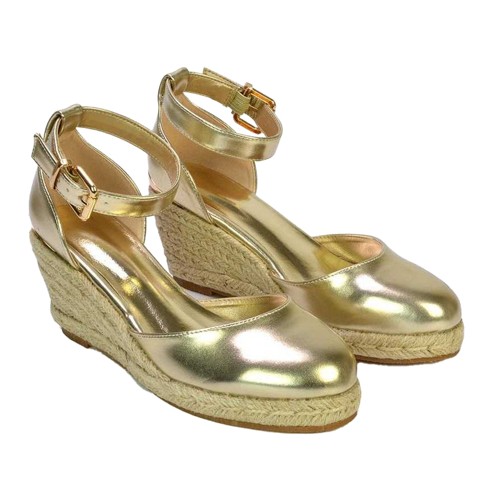 Metallic Gold - Pack Shot - XY London Womens-Ladies Forest Metallic Closed Toe Wedge Espadrilles