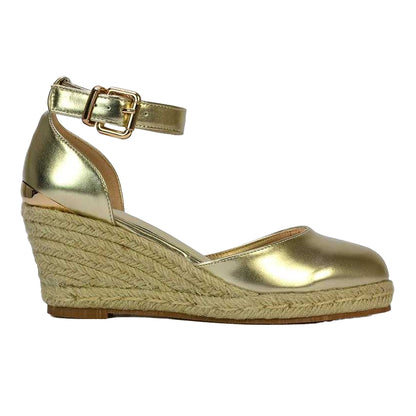 Metallic Gold - Front - XY London Womens-Ladies Forest Metallic Closed Toe Wedge Espadrilles