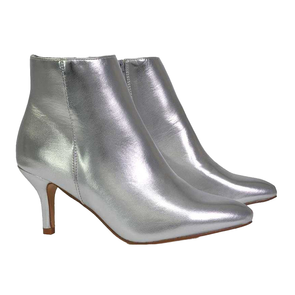 Silver - Side - XY London Womens-Ladies Anastsia Metallic Low Zipped High Stiletto Heel Ankle Boots