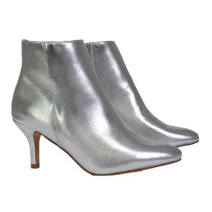 Silver - Side - XY London Womens-Ladies Anastsia Metallic Low Zipped High Stiletto Heel Ankle Boots