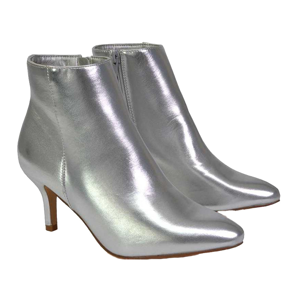 Silver - Pack Shot - XY London Womens-Ladies Anastsia Metallic Low Zipped High Stiletto Heel Ankle Boots