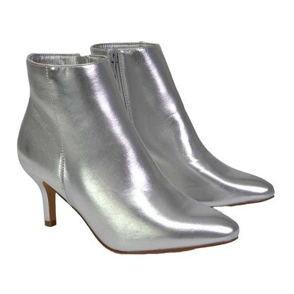 Silver - Pack Shot - XY London Womens-Ladies Anastsia Metallic Low Zipped High Stiletto Heel Ankle Boots