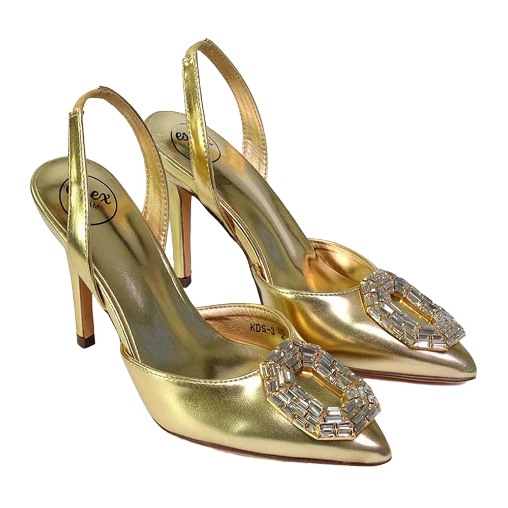 Metallic Gold - Pack Shot - XY London Womens-Ladies Issy Diamante Pointed High Stiletto Heel Sandals