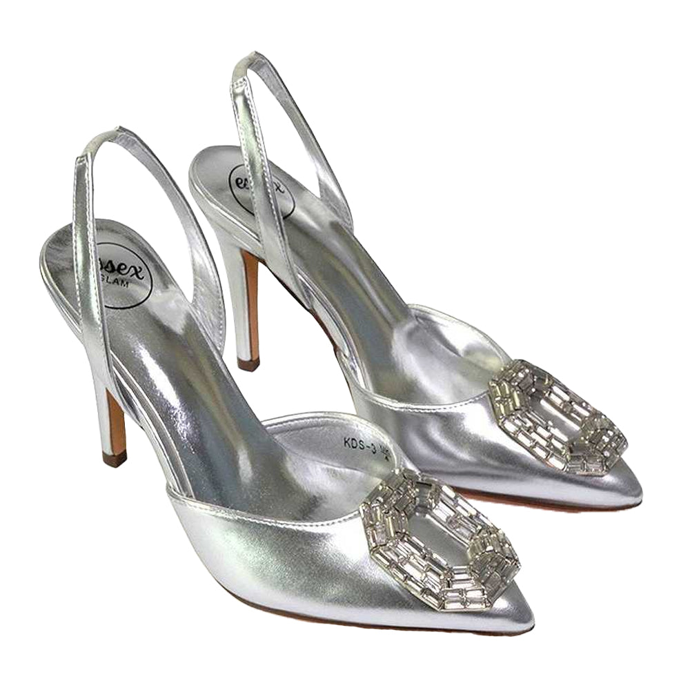 Metallic Silver - Pack Shot - XY London Womens-Ladies Issy Diamante Pointed High Stiletto Heel Sandals