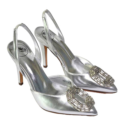 Metallic Silver - Pack Shot - XY London Womens-Ladies Issy Diamante Pointed High Stiletto Heel Sandals