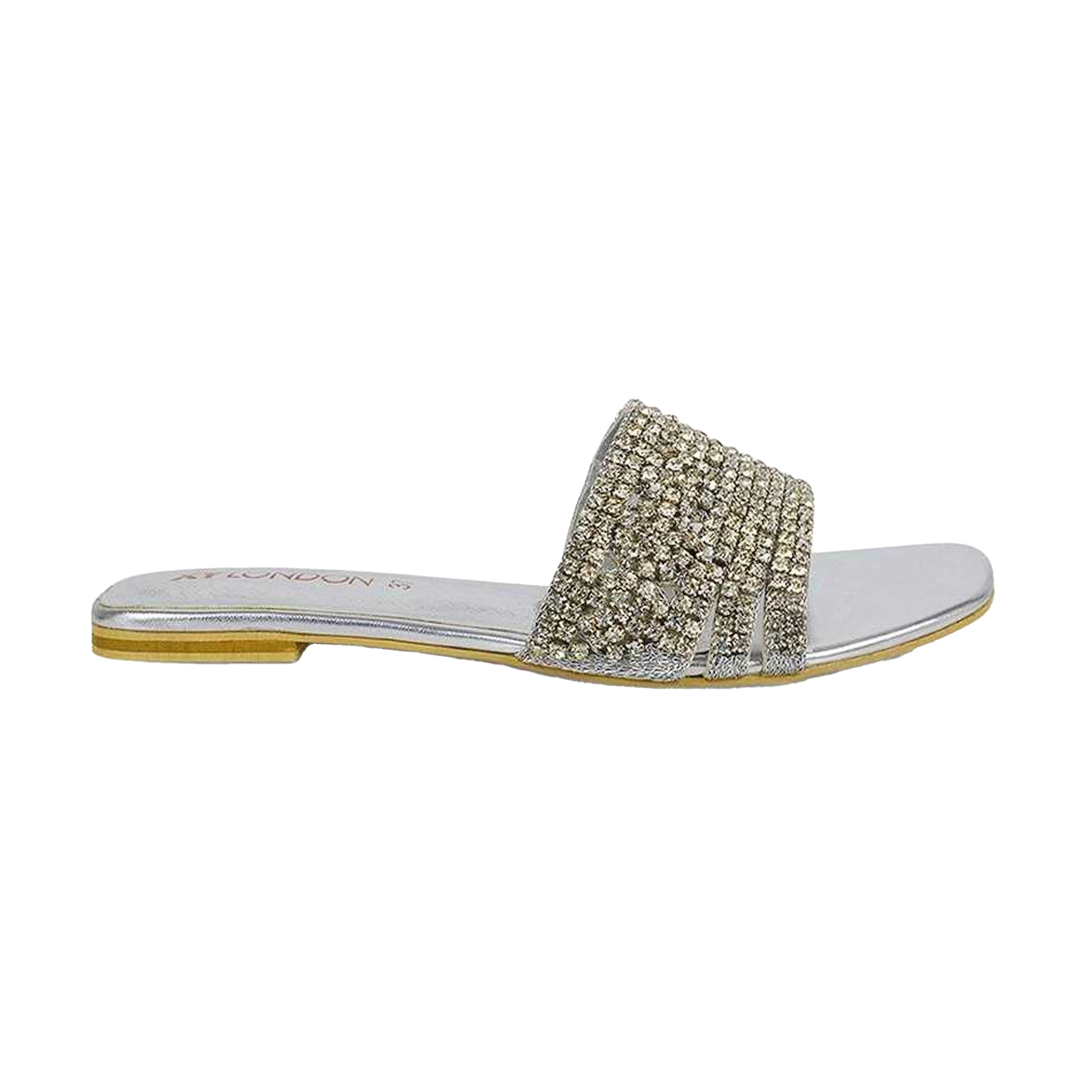 Silver - Back - XY London Womens-Ladies Sam Diamante Sparkly Square Toe Cut Out Flat Sandals