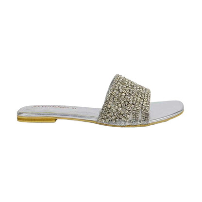 Silver - Back - XY London Womens-Ladies Sam Diamante Sparkly Square Toe Cut Out Flat Sandals