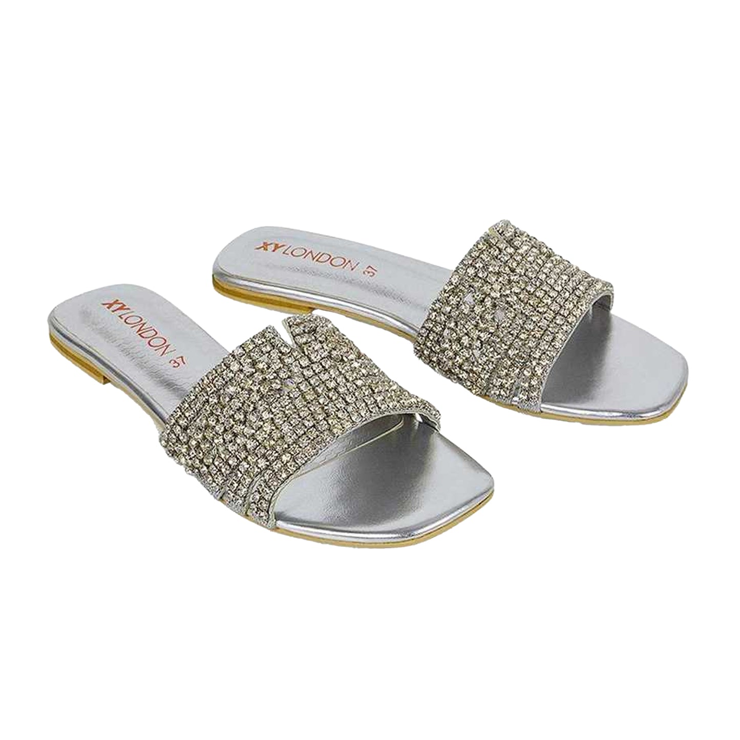 Silver - Side - XY London Womens-Ladies Sam Diamante Sparkly Square Toe Cut Out Flat Sandals