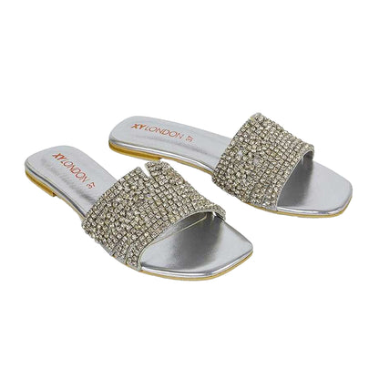 Silver - Side - XY London Womens-Ladies Sam Diamante Sparkly Square Toe Cut Out Flat Sandals
