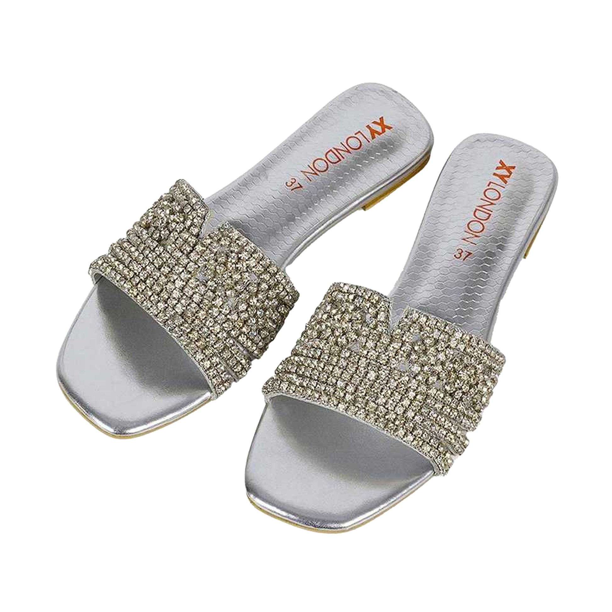 Silver - Lifestyle - XY London Womens-Ladies Sam Diamante Sparkly Square Toe Cut Out Flat Sandals
