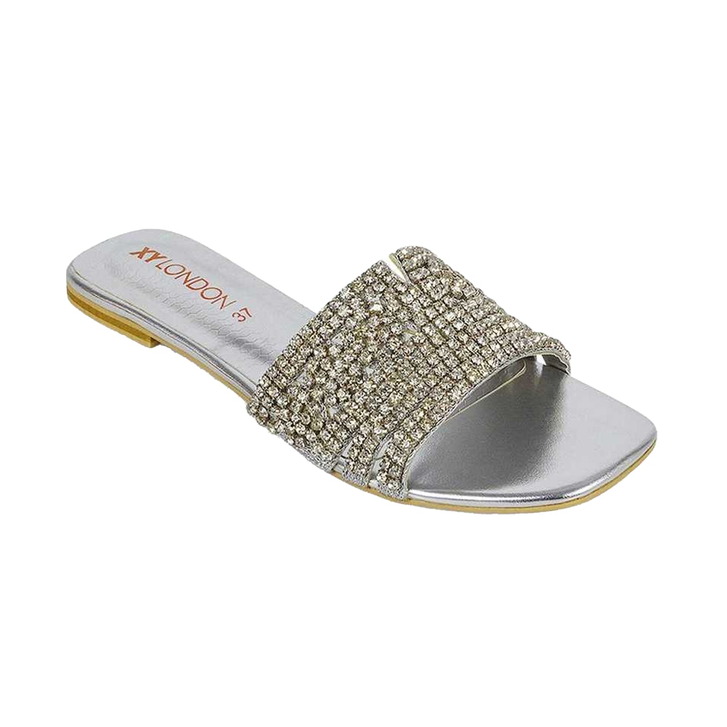 Silver - Front - XY London Womens-Ladies Sam Diamante Sparkly Square Toe Cut Out Flat Sandals