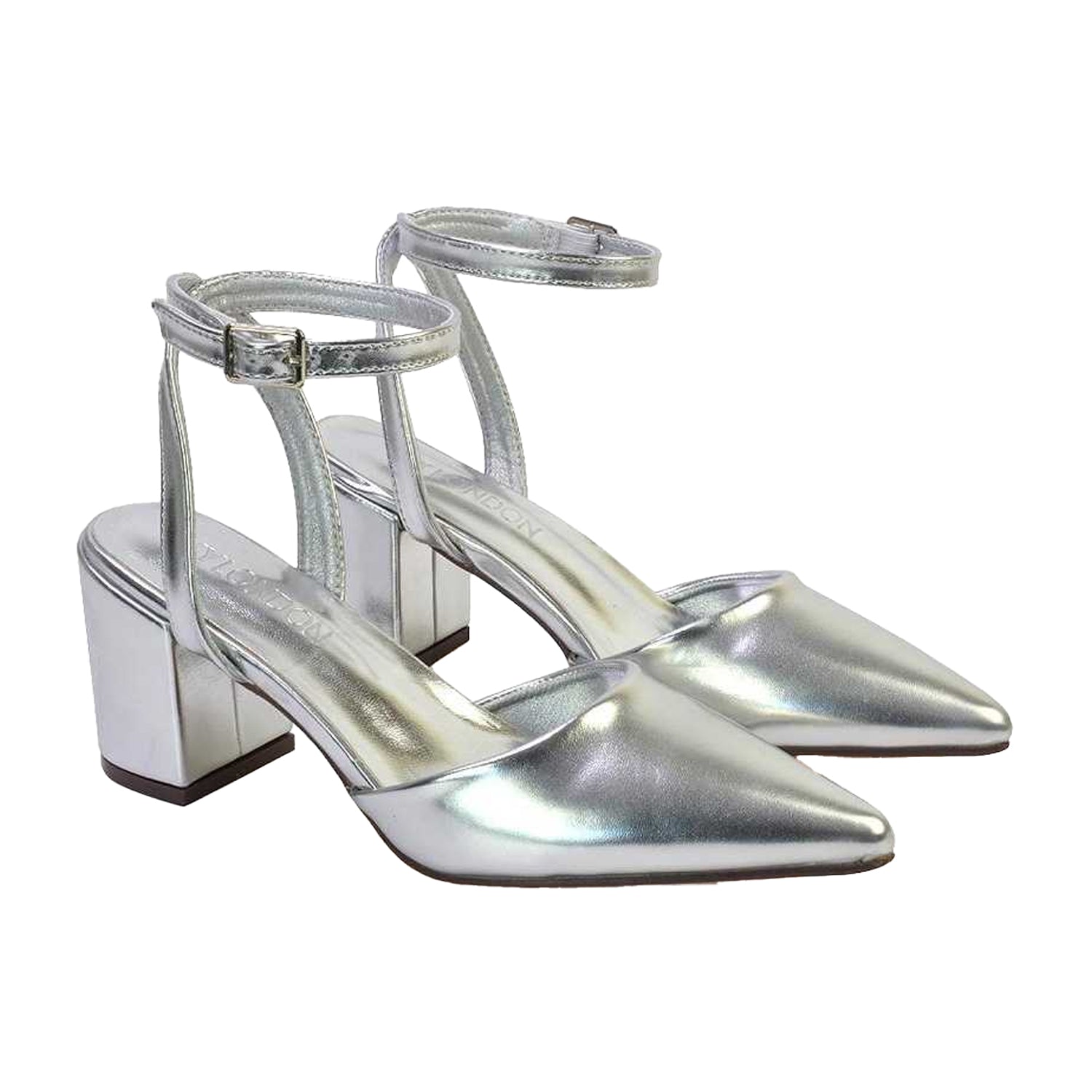 Metallic Silver - Side - XY London Womens-Ladies Ronnie Metallic Pointed Medium Block Heel Sandals