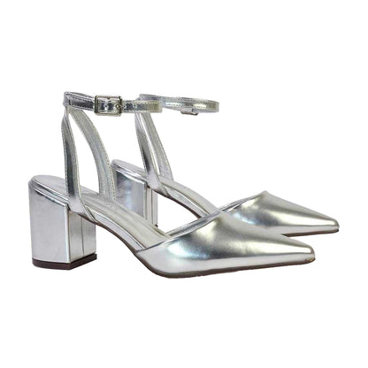 Metallic Silver - Lifestyle - XY London Womens-Ladies Ronnie Metallic Pointed Medium Block Heel Sandals