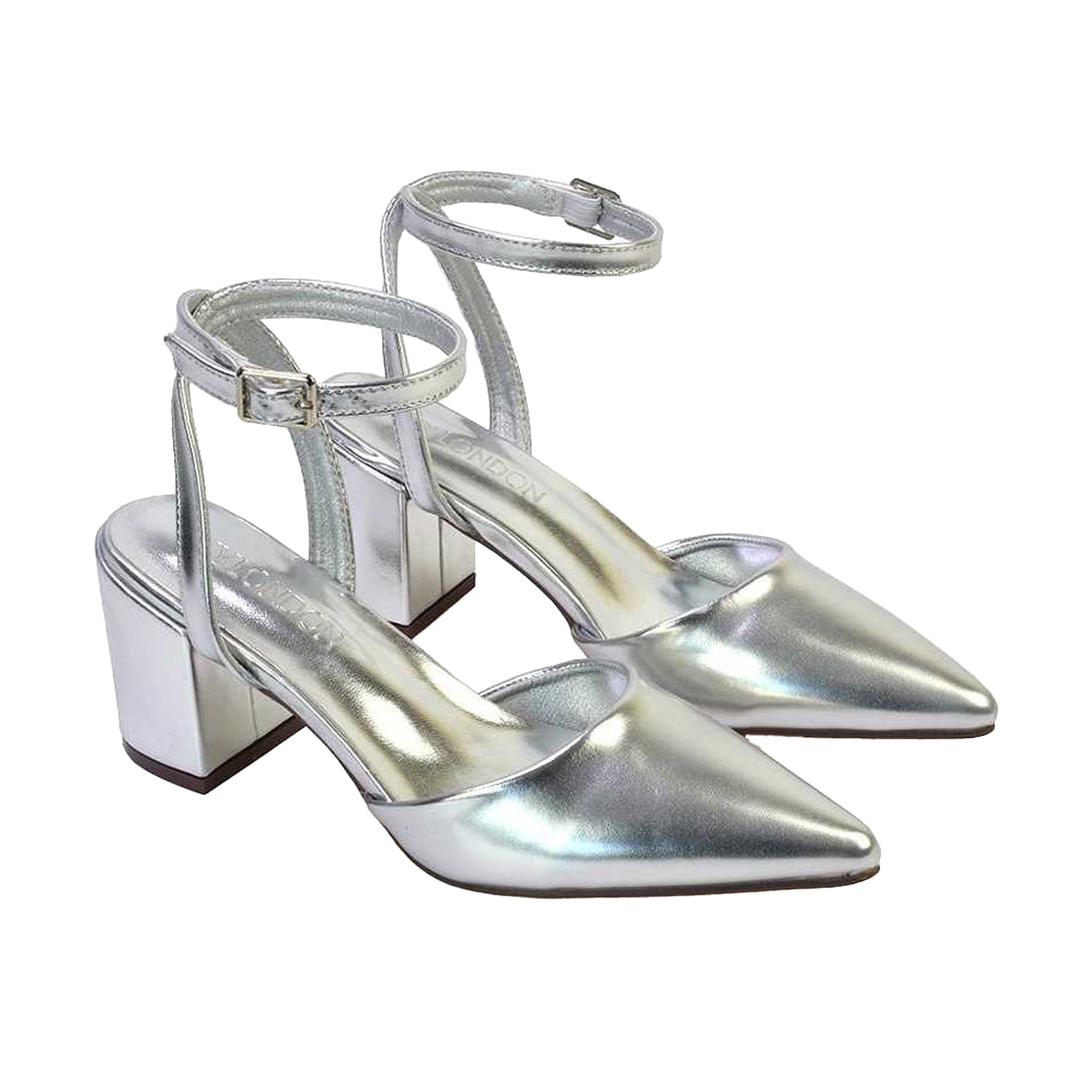 Metallic Silver - Pack Shot - XY London Womens-Ladies Ronnie Metallic Pointed Medium Block Heel Sandals