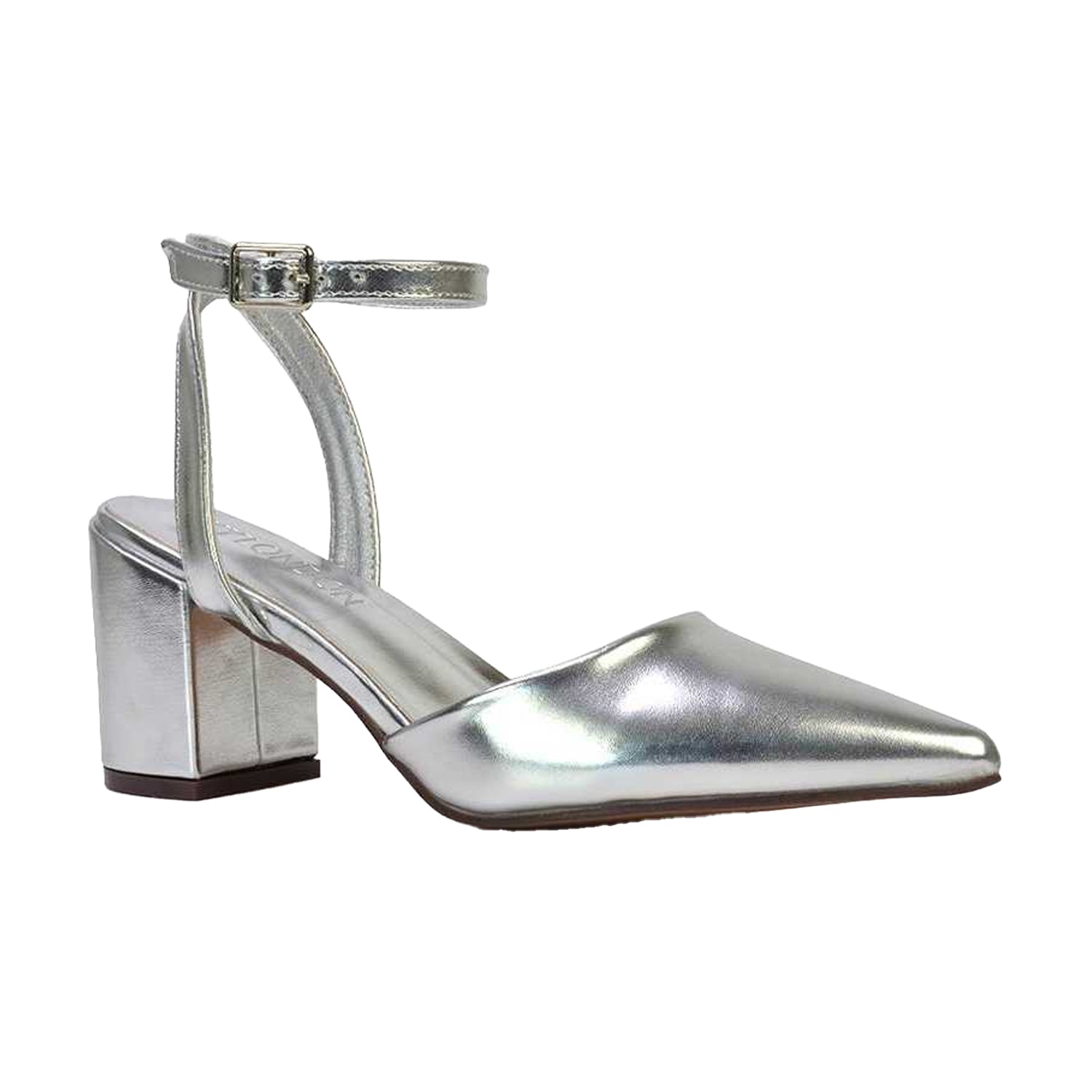 Metallic Silver - Front - XY London Womens-Ladies Ronnie Metallic Pointed Medium Block Heel Sandals