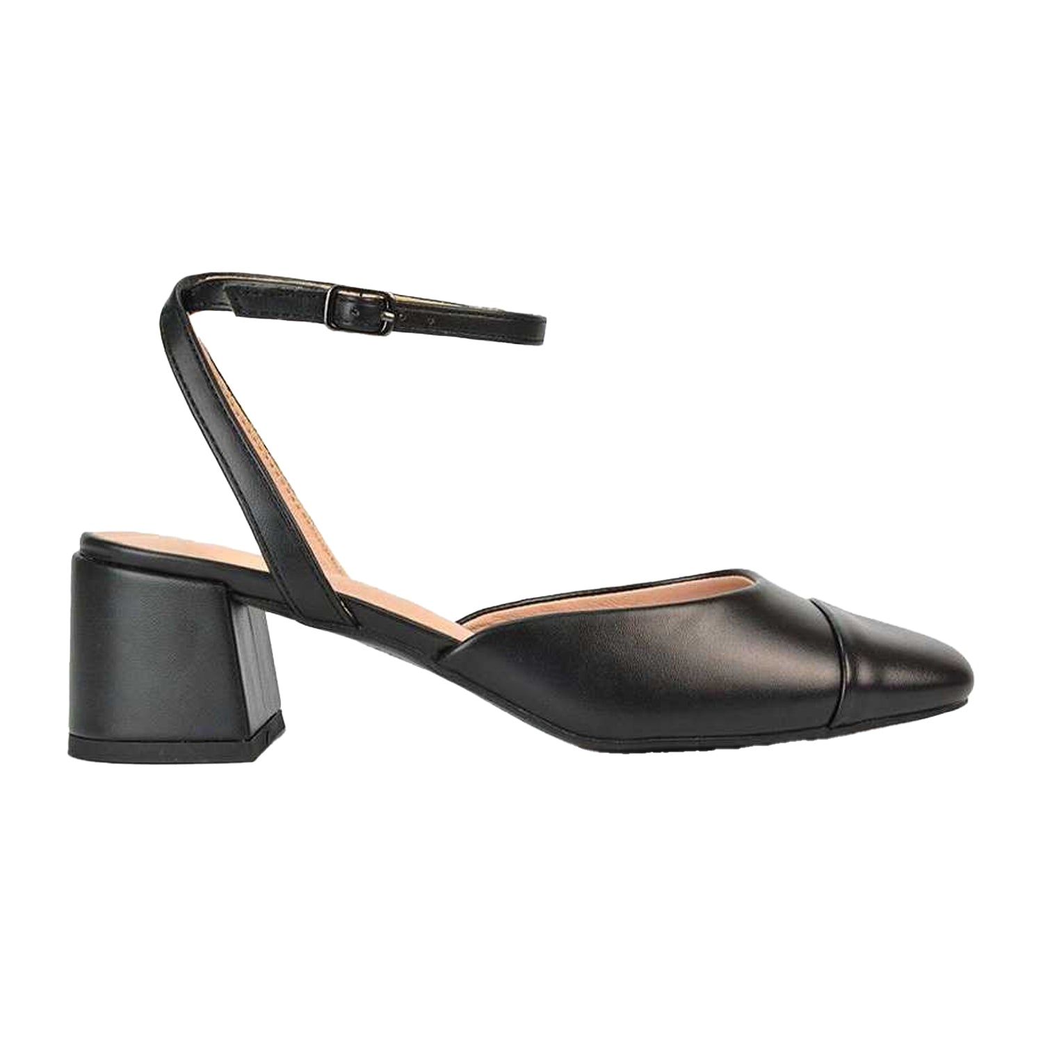 Black - Side - XY London Womens-Ladies Mavis Ankle Strap Medium Block Heel Court Shoes