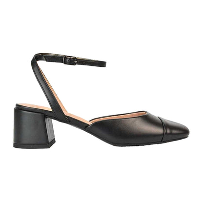 Black - Side - XY London Womens-Ladies Mavis Ankle Strap Medium Block Heel Court Shoes