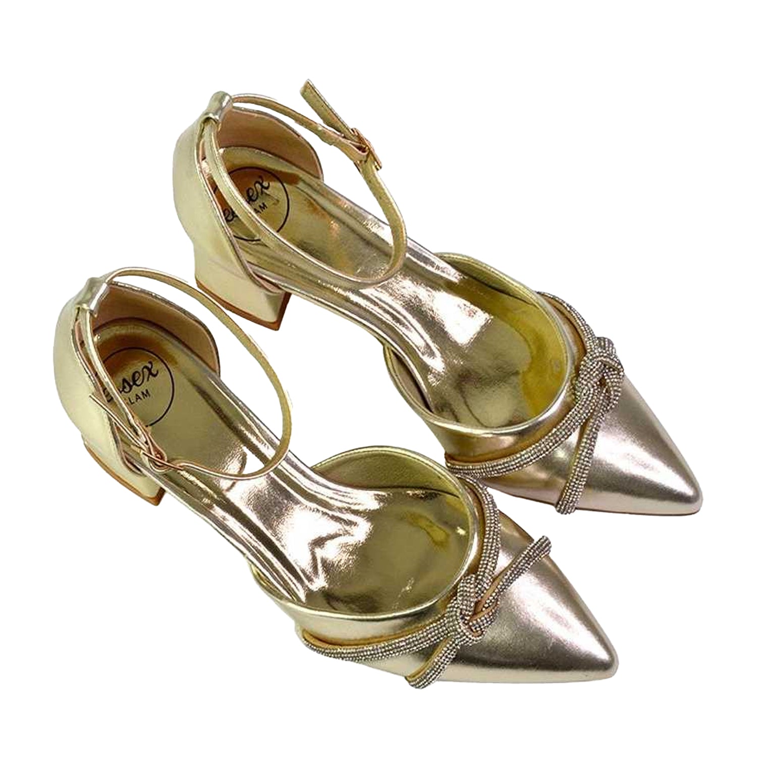 Metallic Gold - Pack Shot - XY London Womens-Ladies Sarah Ankle Strap Medium Block Heel Court Shoes
