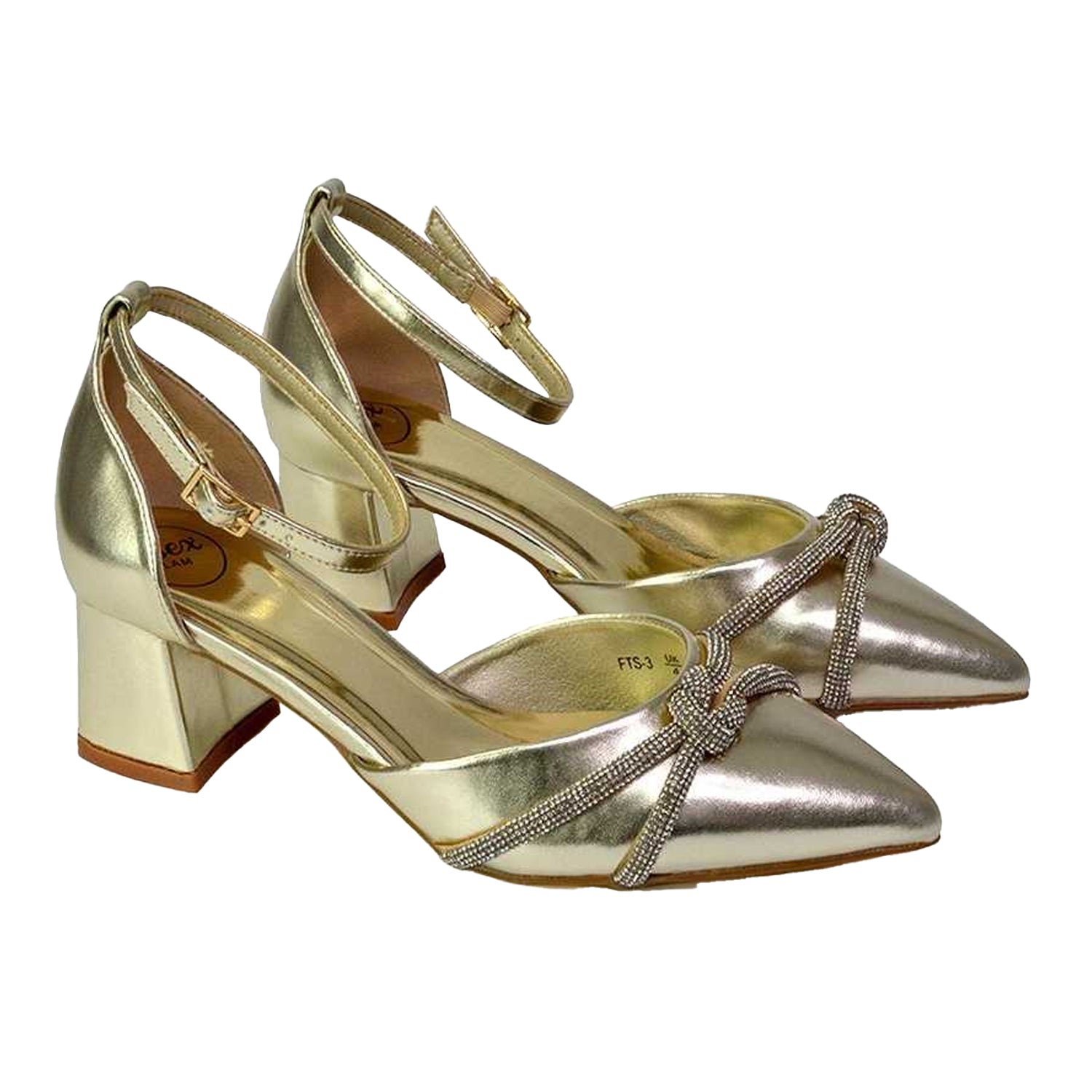 Metallic Gold - Front - XY London Womens-Ladies Sarah Ankle Strap Medium Block Heel Court Shoes
