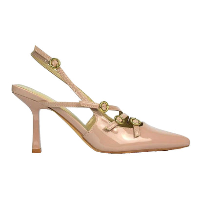 Nude - Side - XY London Womens-Ladies Vanessa Patent Sling Back Stiletto Heel Court Shoes