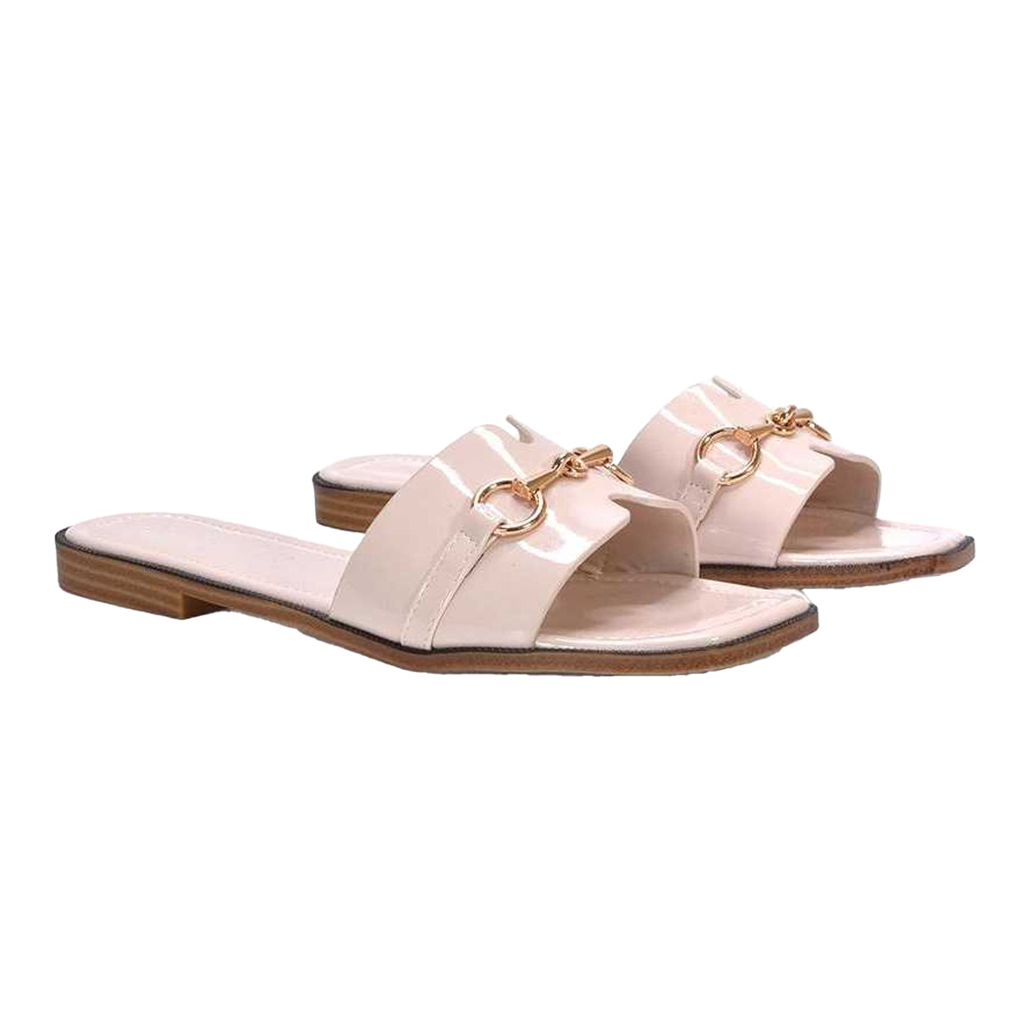 Nude - Side - XY London Womens-Ladies Lesley Patent Square Toe Buckle Detail Sliders