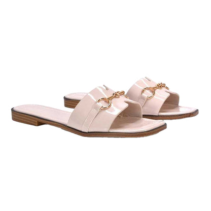 Nude - Side - XY London Womens-Ladies Lesley Patent Square Toe Buckle Detail Sliders