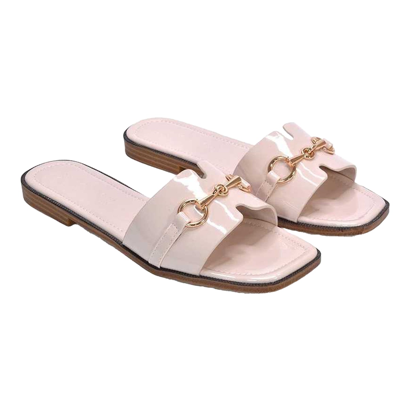 Nude - Lifestyle - XY London Womens-Ladies Lesley Patent Square Toe Buckle Detail Sliders