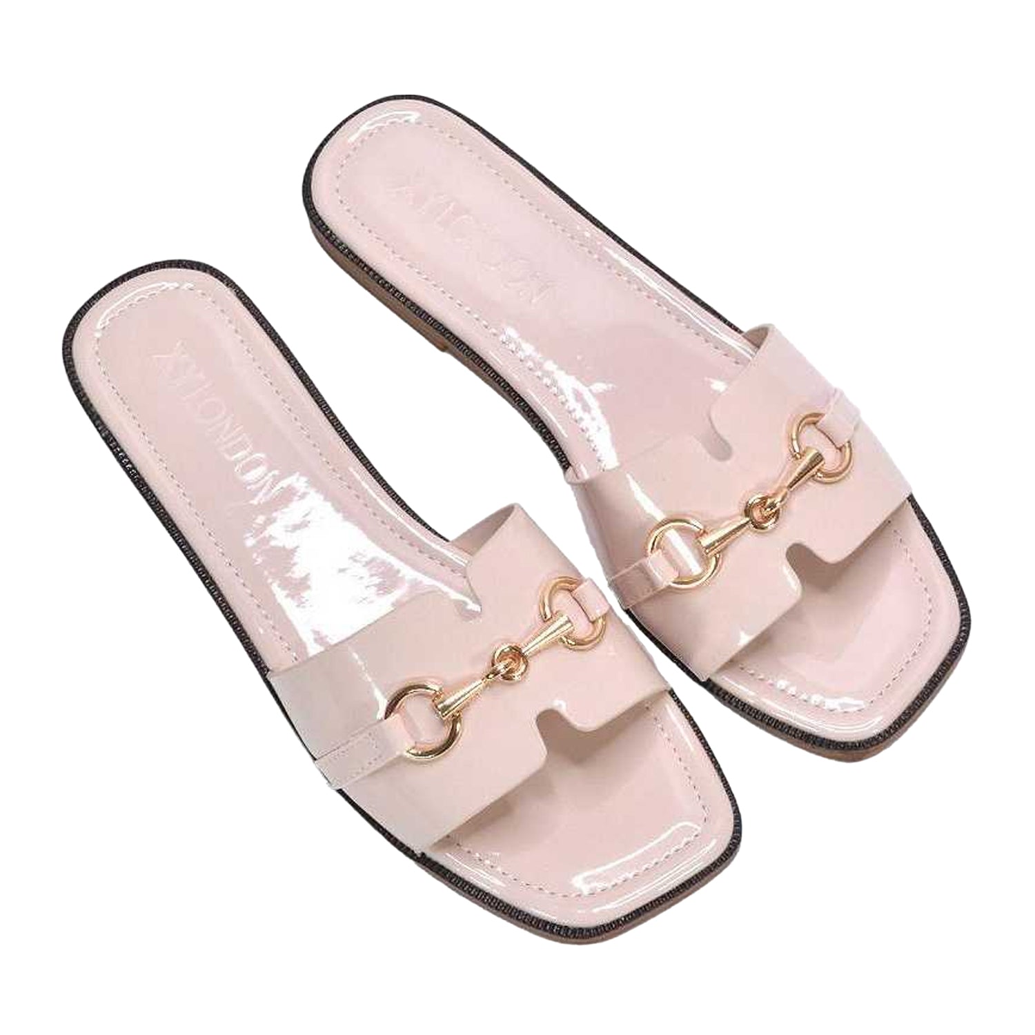 Nude - Pack Shot - XY London Womens-Ladies Lesley Patent Square Toe Buckle Detail Sliders