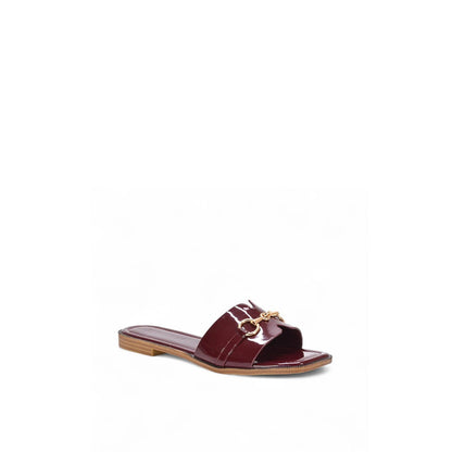 Burgundy - Back - XY London Womens-Ladies Lesley Patent Square Toe Buckle Detail Sliders