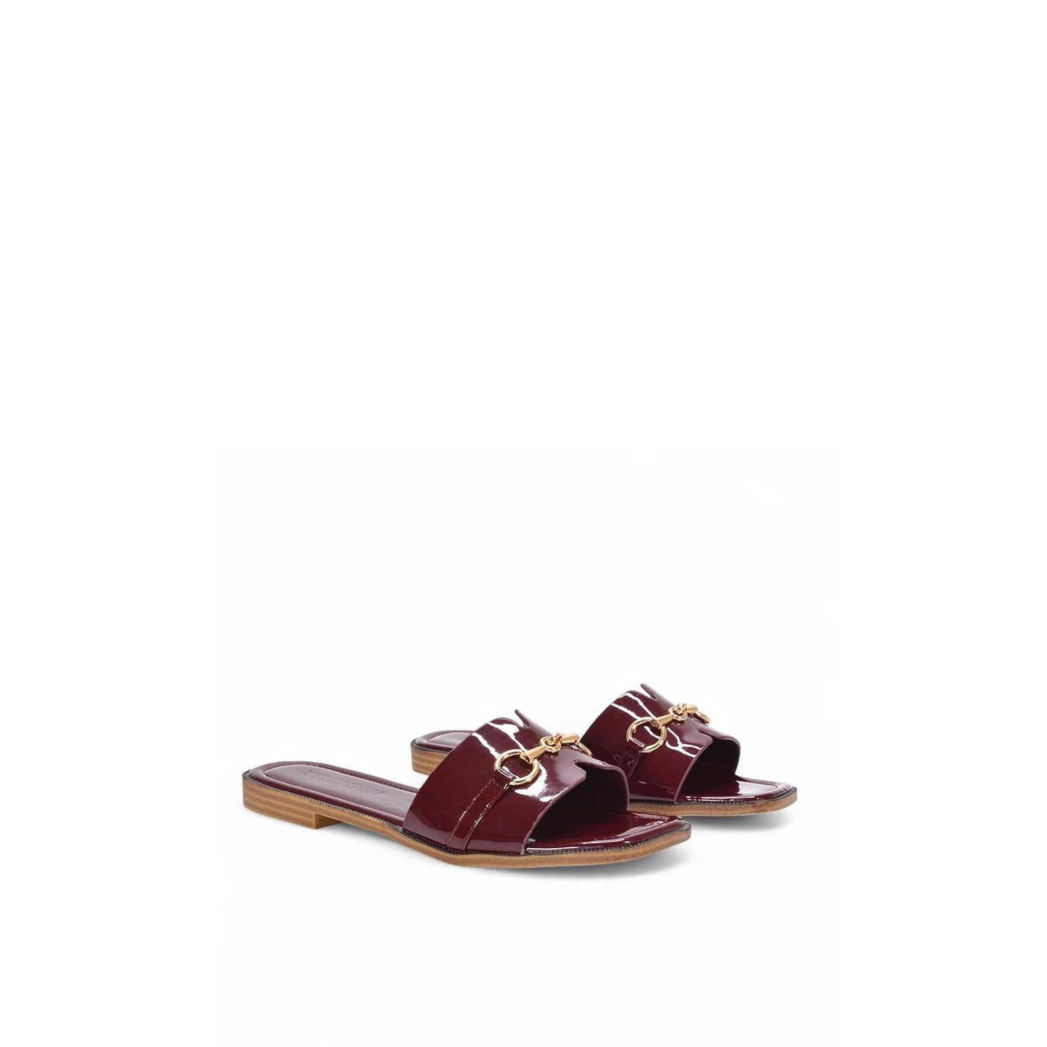 Burgundy - Side - XY London Womens-Ladies Lesley Patent Square Toe Buckle Detail Sliders