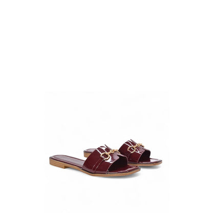 Burgundy - Side - XY London Womens-Ladies Lesley Patent Square Toe Buckle Detail Sliders