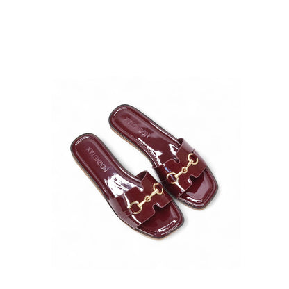 Burgundy - Pack Shot - XY London Womens-Ladies Lesley Patent Square Toe Buckle Detail Sliders