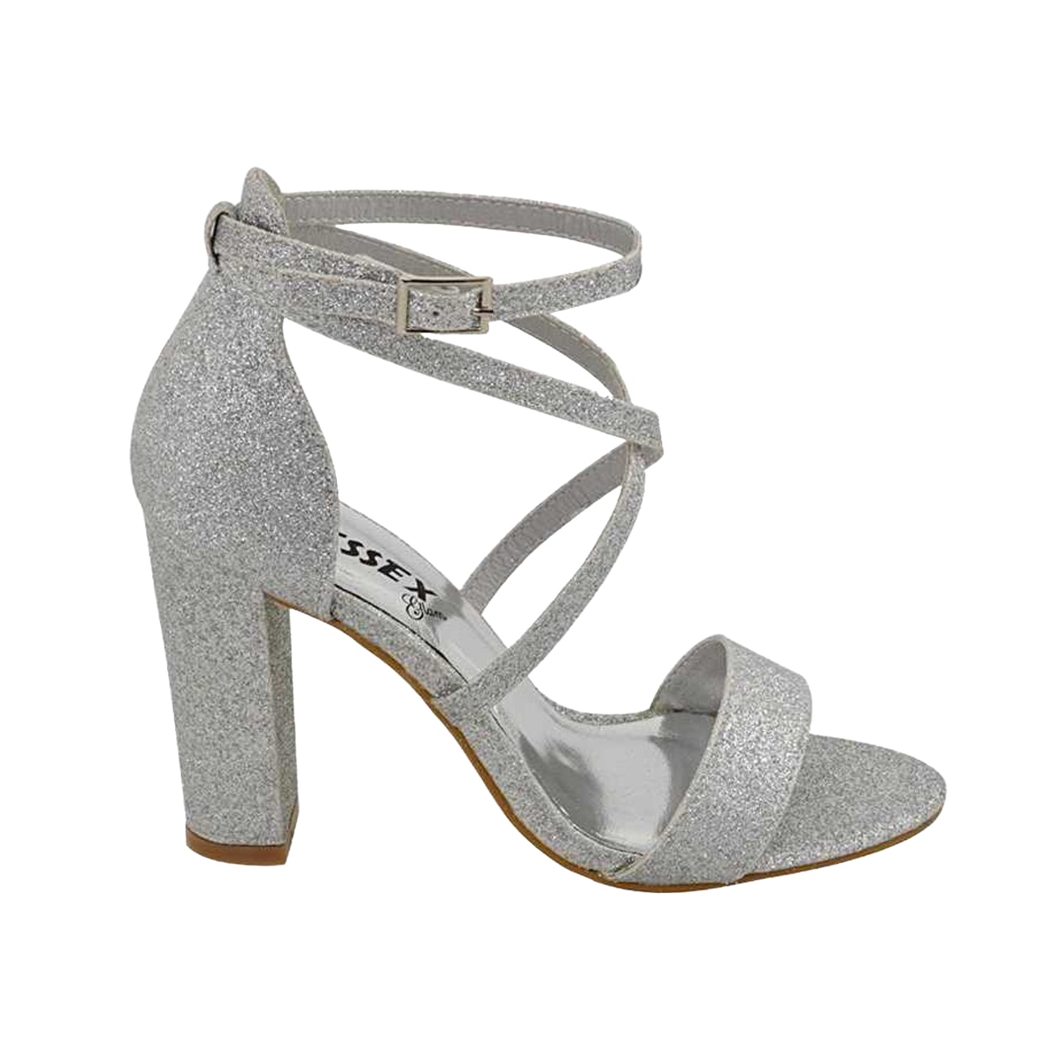 Silver - Side - XY London Womens-Ladies Briella Glitter Strappy High Block Heel Sandals