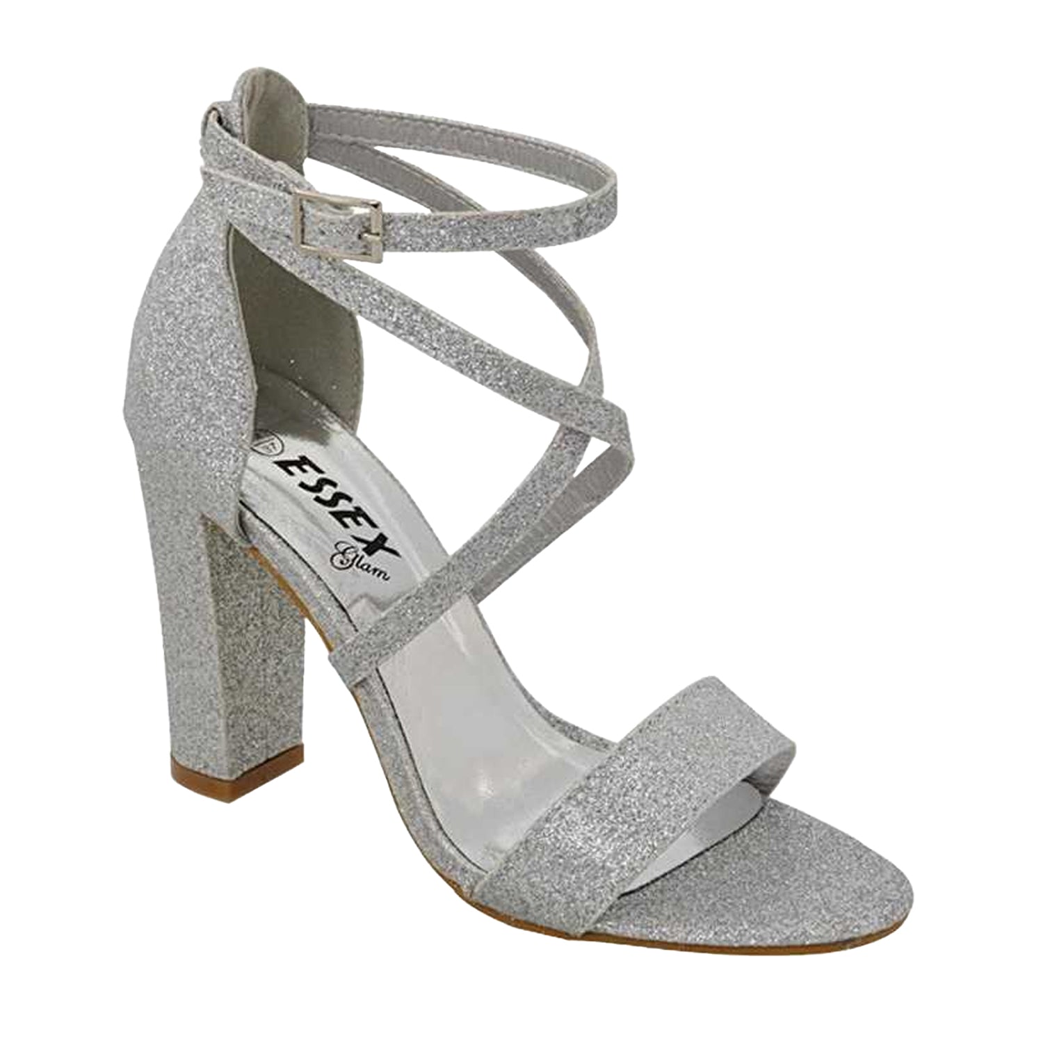 Silver - Front - XY London Womens-Ladies Briella Glitter Strappy High Block Heel Sandals