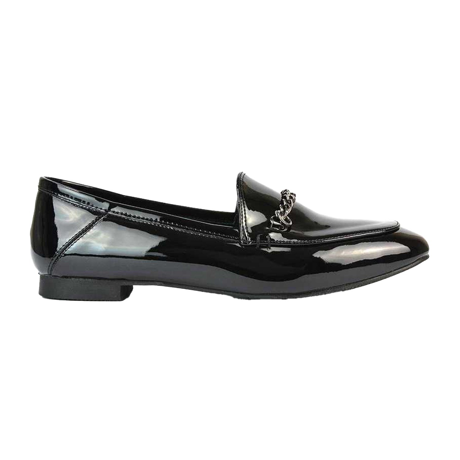True Black - Side - XY London Womens-Ladies Tessah Patent Chain Detail Flat Loafers