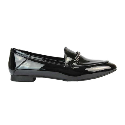 True Black - Side - XY London Womens-Ladies Tessah Patent Chain Detail Flat Loafers