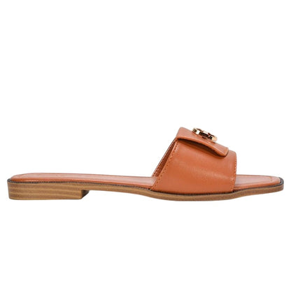 Tan - Back - XY London Womens-Ladies Leigh Buckle Detail Flat Sliders