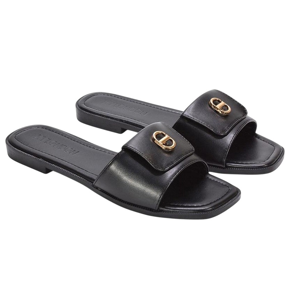 Black - Front - XY London Womens-Ladies Leigh Buckle Detail Flat Sliders