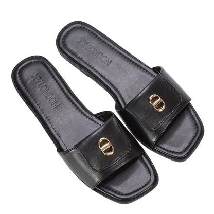 Black - Lifestyle - XY London Womens-Ladies Leigh Buckle Detail Flat Sliders