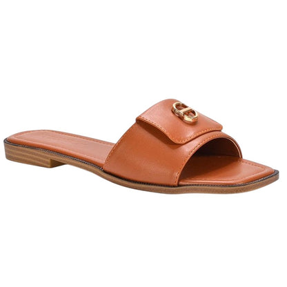 Tan - Side - XY London Womens-Ladies Leigh Buckle Detail Flat Sliders