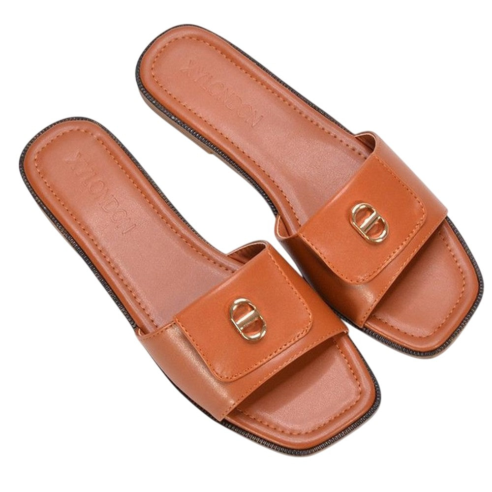 Tan - Lifestyle - XY London Womens-Ladies Leigh Buckle Detail Flat Sliders