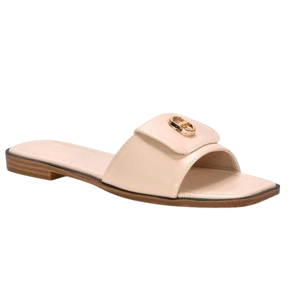 Nude - Side - XY London Womens-Ladies Leigh Buckle Detail Flat Sliders