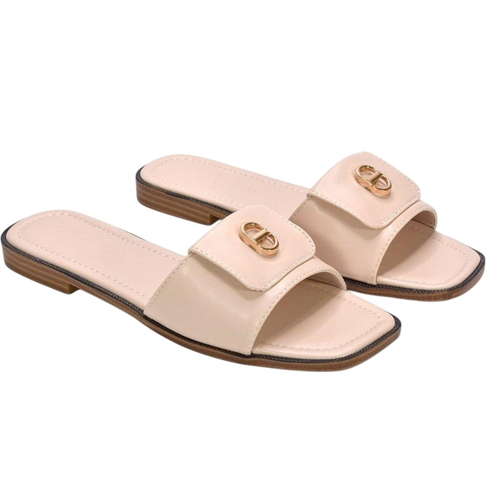 Nude - Front - XY London Womens-Ladies Leigh Buckle Detail Flat Sliders