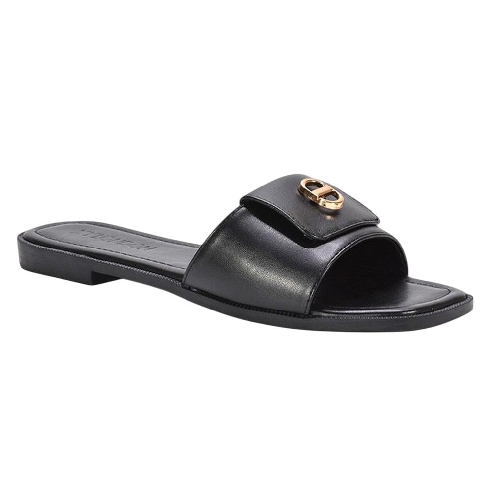 Black - Side - XY London Womens-Ladies Leigh Buckle Detail Flat Sliders