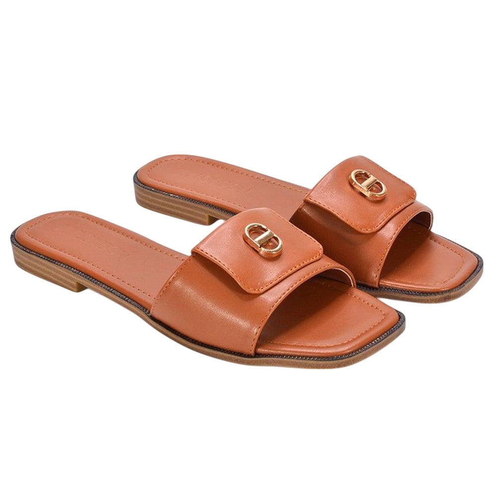 Tan - Front - XY London Womens-Ladies Leigh Buckle Detail Flat Sliders