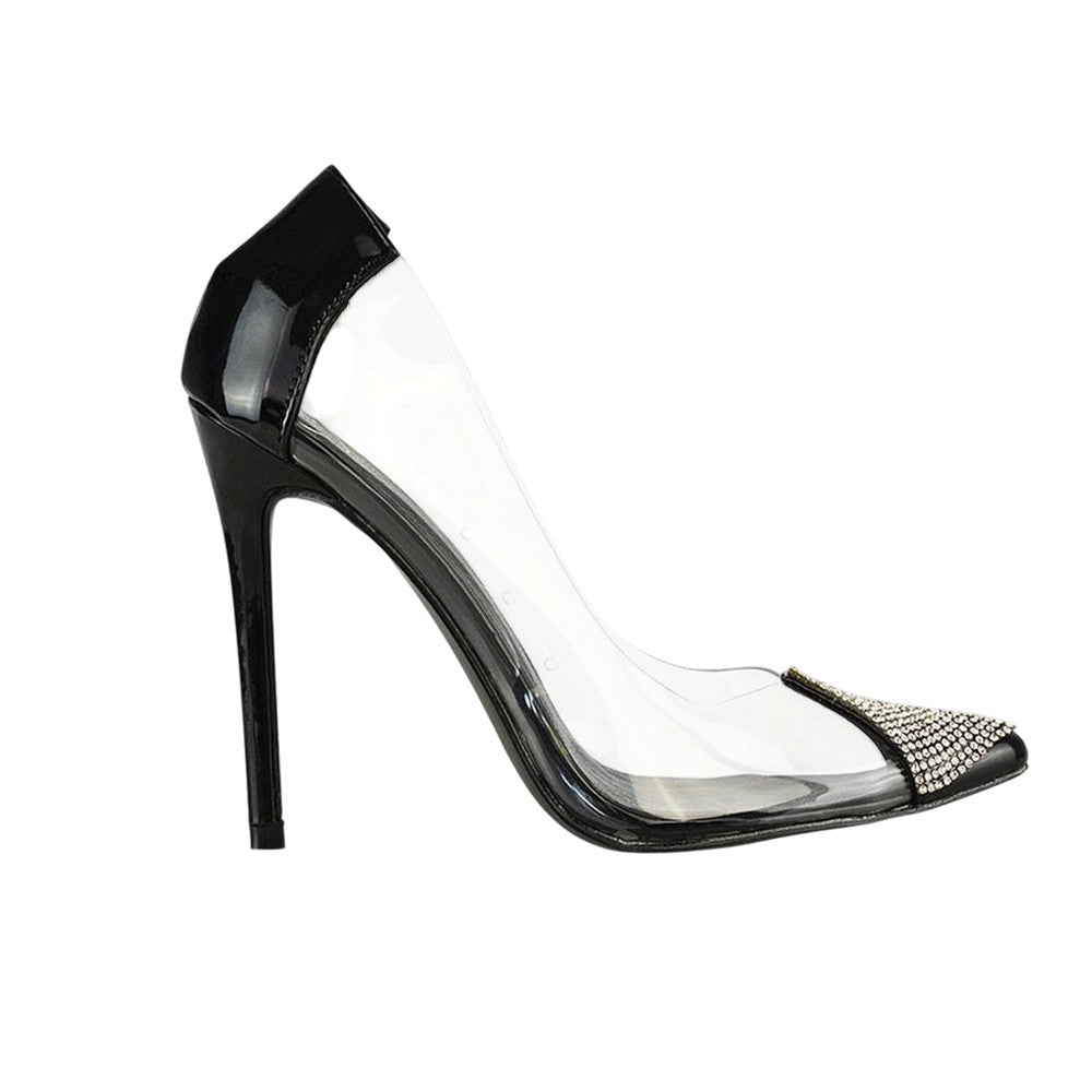 True Black - Side - XY London Womens-Ladies Kaz Patent Stiletto Heel Court Shoes