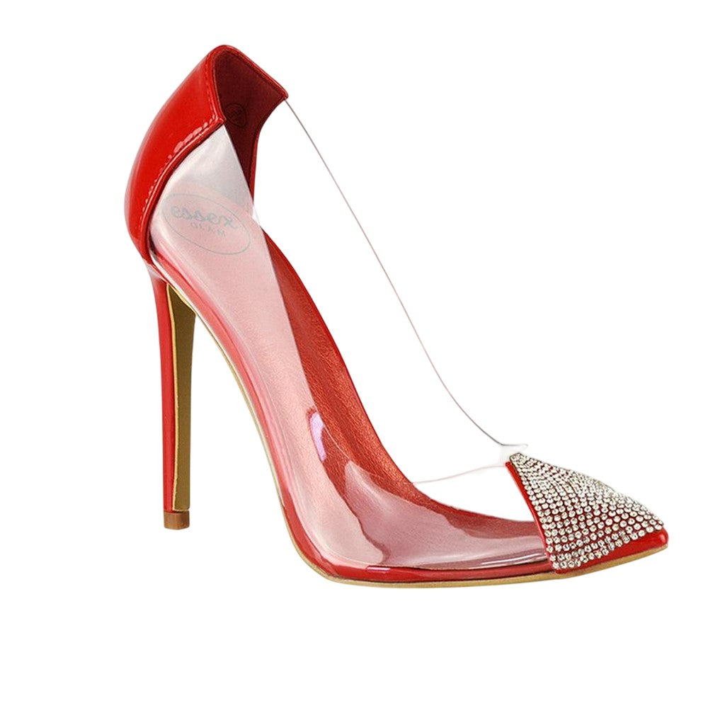 Red - Front - XY London Womens-Ladies Kaz Patent Stiletto Heel Court Shoes