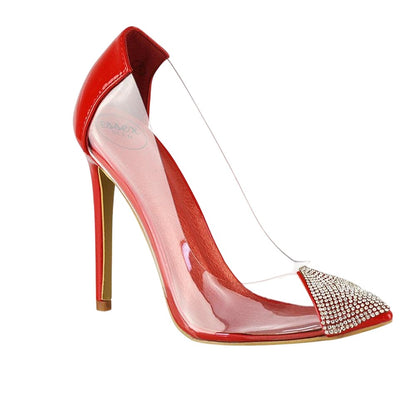 Red - Front - XY London Womens-Ladies Kaz Patent Stiletto Heel Court Shoes