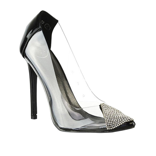 True Black - Front - XY London Womens-Ladies Kaz Patent Stiletto Heel Court Shoes