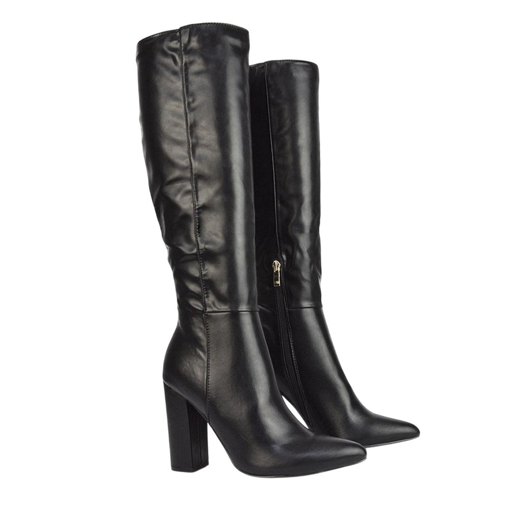 Black - Front - XY London Womens-Ladies Opal Pointed High Block Heel Knee-High Boots